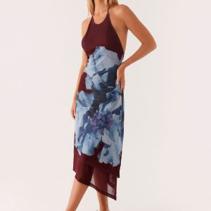 Brinley Halterneck Midi Dress - Maroon Print