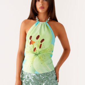 Dalila Beaded Tie Back Top - Turquoise Floral