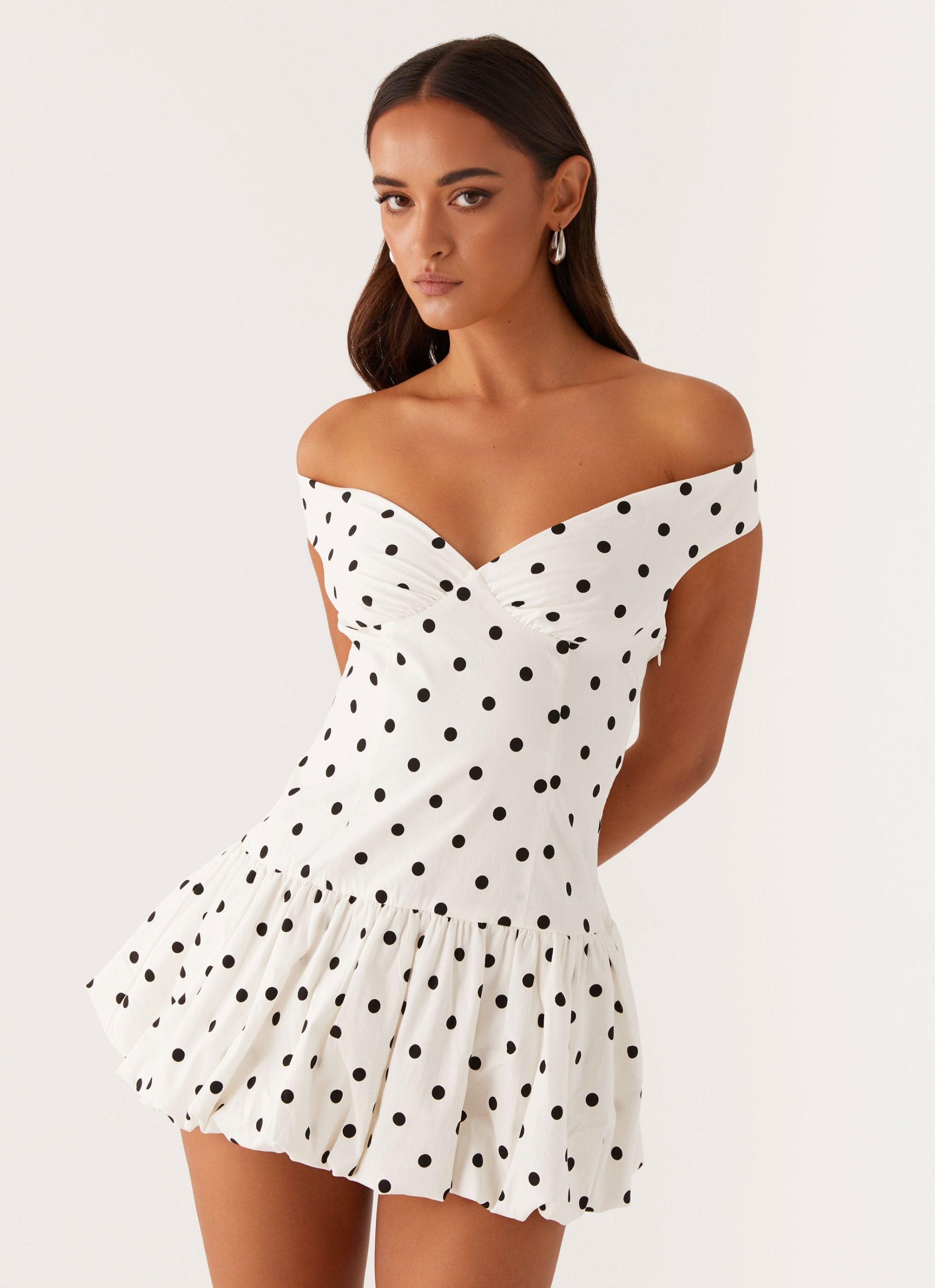Endless Romance Off Shoulder Mini Dress - White Polka Dot - Image 6