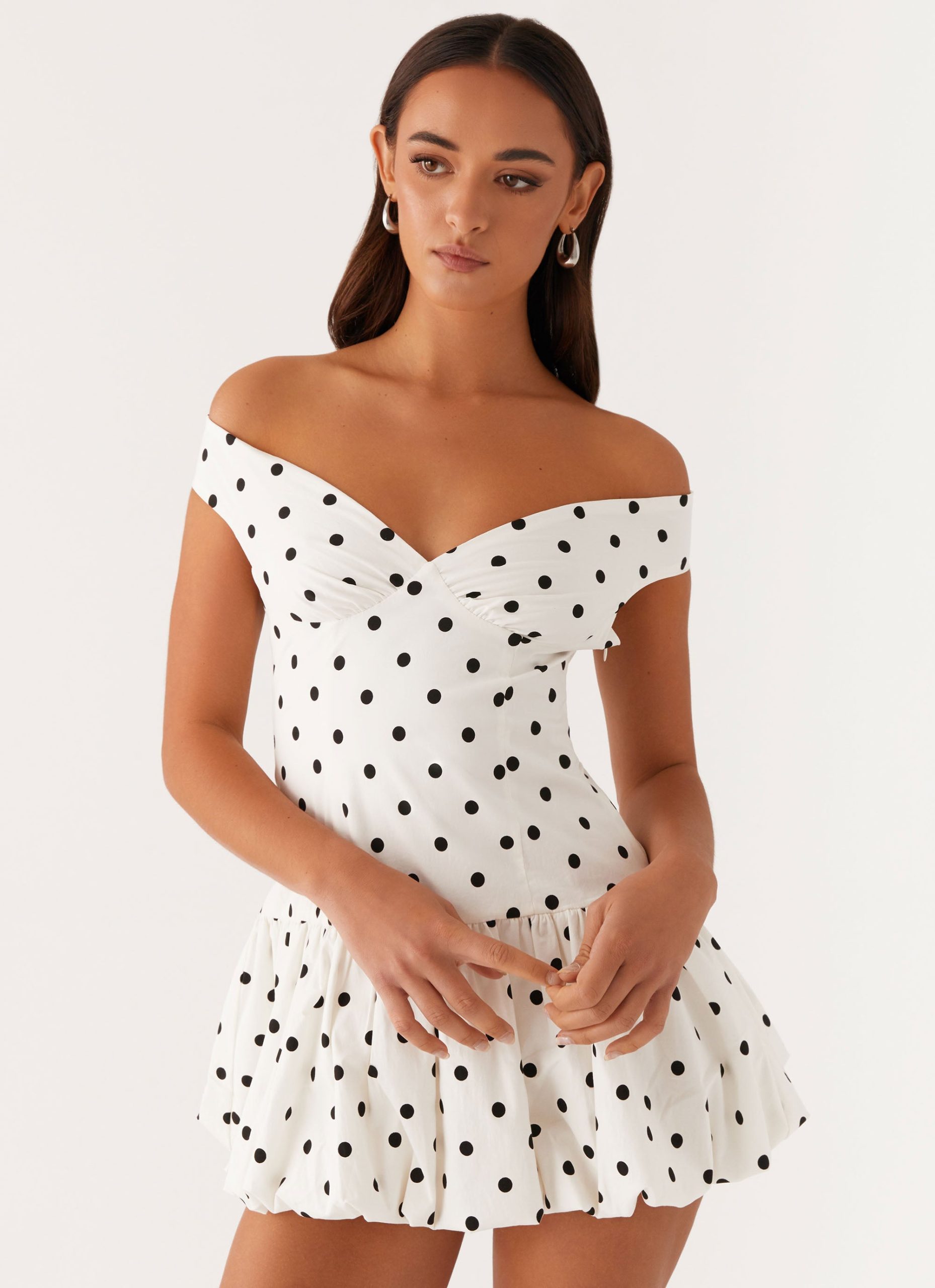 Endless Romance Off Shoulder Mini Dress - White Polka Dot - Image 8