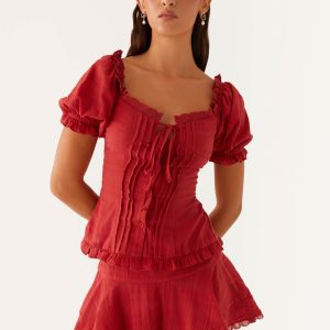 Hundred Percent Puff Sleeve Top - Red