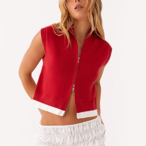 Janey Double Zip Turtle Neck Top - Red