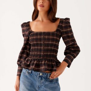 Joyce Long Sleeve Cotton Shirred Top - Chocolate Check