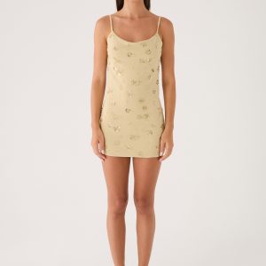 Levanna Beaded Sequin Mini Dress - Pale Olive