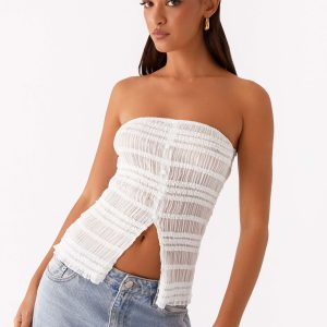 Next Time Shirred Strapless Top - White