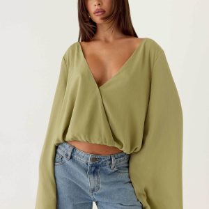 Orelia Long Sleeve Top - Green Olive