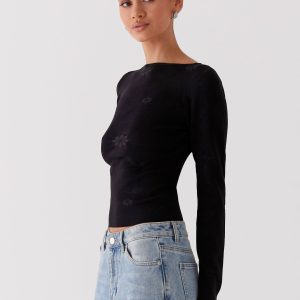 Dandelion Long Sleeve Knit Top - Black
