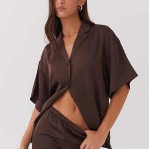 Palm Cove Satin Shirt - Chocolate