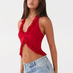 Tanya Mesh Frill Top - Red