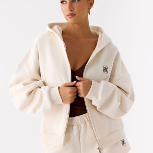 Signature Double Zip Up Hoodie - Cream