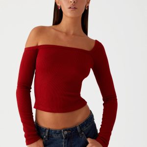 Talia Asymmetric Long Sleeve Top - Red